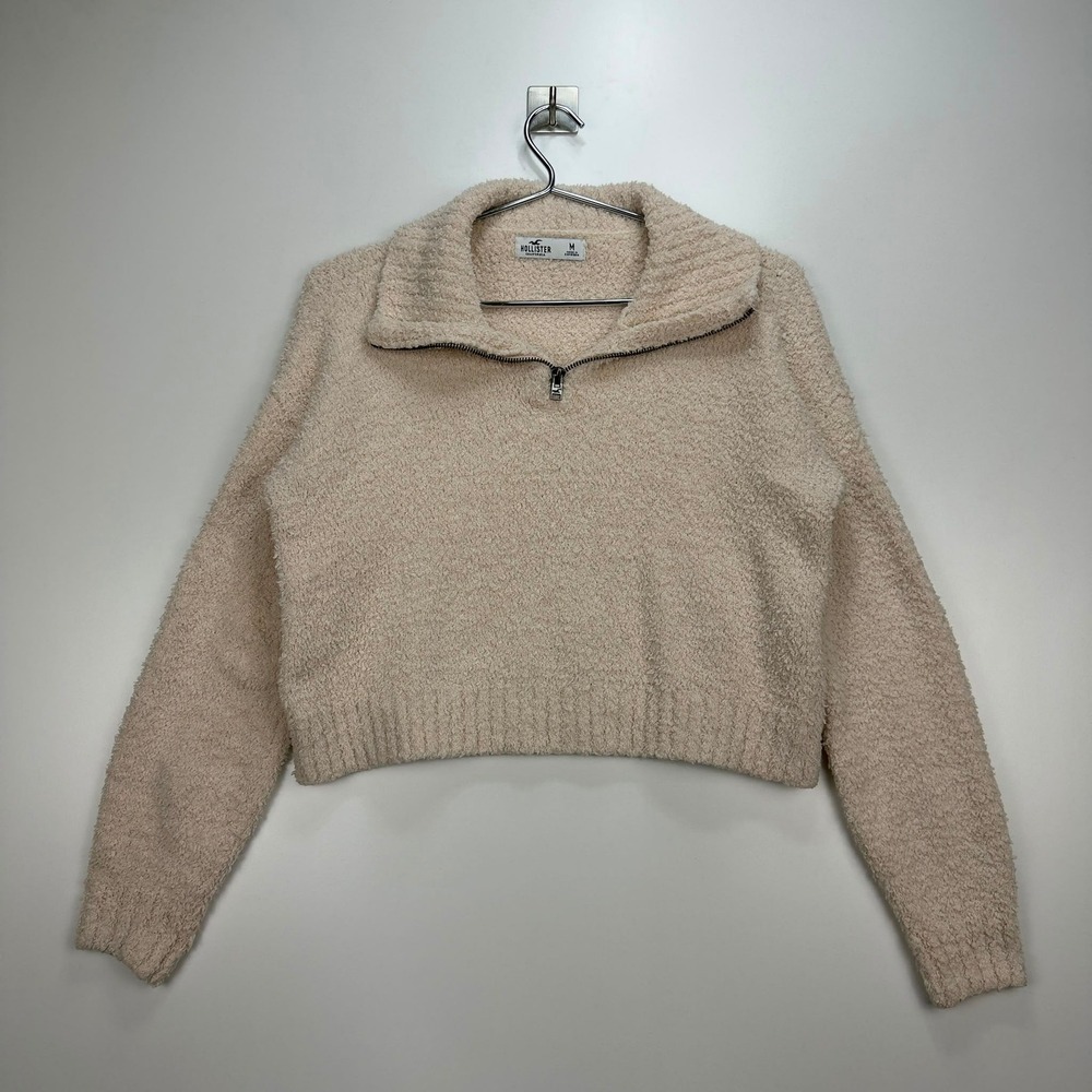 Hollister Sherpa Teddy Fleece Cropped Quarter Zip Sweater Cream Women's Medium